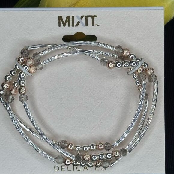 MIXIT Delicates Set of 3 Silver Gold and Rose Gold Beaded Stretch Bracelet - Picture 1 of 4
